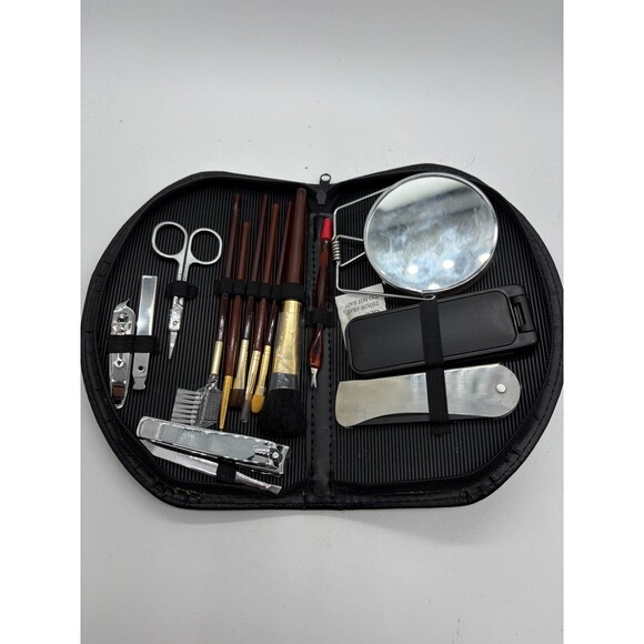 HANRO Deluxe Travel Grooming Black Kit Manicure Makeup Brushes LED Mirror - Picture 1 of 8